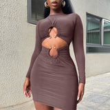 Women Dresses Summer Sexy Hollow round Neck Long Sleeve Narrow Dress