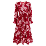 Women Date Dress Autumn and Winter Leisure Floral Print Long Sleeve Lace up Casual Dress Maxi Dress