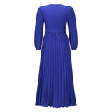 Women Date Dress V-neck Long Sleeve Pleated Dress