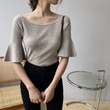 Women Knitted T-shirt Bell Sleeve Solid Color T-shirt Summer round Neck Top