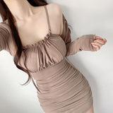 Women Dresses U-Neck Suspender Hip Skirt Long Sleeve Open Skirt