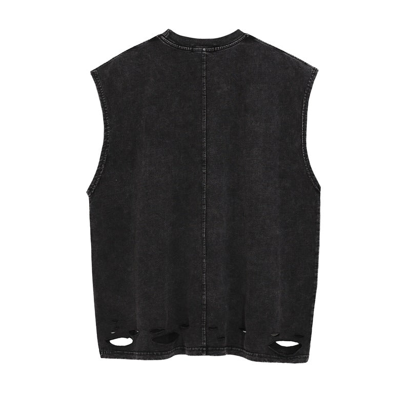 Men Vest Vintage Worn Looking Washed-out Ripped Sleeveless T-shirt