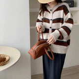 Women Knitwear Autumn and Winter Striped round Neck Sweaters Cardigan