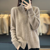 Women Knitted Cardigan Lapel Double Zipper Long Sleeve Women's Autumn and Winter Loose Knitted Coat