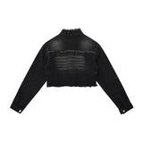 Women Jacket Short Frayed Hem Denim Jacket