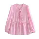 Women Tops Summer Puff Sleeve Bow Lace-up Shirt Mid-Length Top