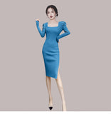 Women Maxi Dress Autumn and Winter Bubble Sleeve Mid-Length Hip Skirt Knitted Dress