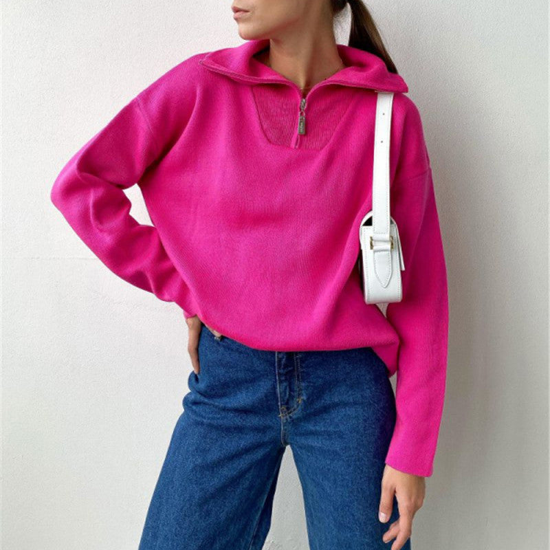 Ladies Leisure Knitwear Polo Collar Sweater Zipper and Lapel Knitwear