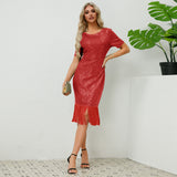 Women Date Dress round Neck Vintage Sequined Tassel Evening Dress