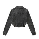 Women Jacket Slim-Fit Double Zipper Split Denim Jacket