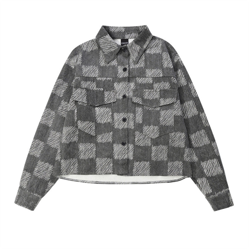 Women Jacket Chessboard Plaid Long Sleeve Shirt Jacket Lapel Pocket Coat