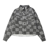 Women Jacket Chessboard Plaid Long Sleeve Shirt Jacket Lapel Pocket Coat