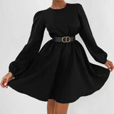 Women Dress Elegant Puff Sleeve round Neck Slim Fit Dress