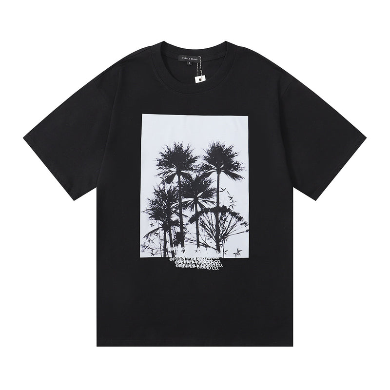 Purple Brand T Shirts Spring Tree Print Men's and Women's Loose-Fitting Casual round-Neck Short-Sleeved T-shirt