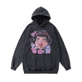 Men Hoodie Retro Punk Cartoon Printed Heavy Wash Hoodie