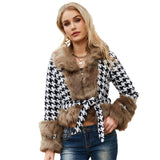 Women Trench Coat Autumn and Winter Plaid Coat Detachable Short Fur Collar Top Houndstooth