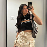 Women Tops Summer Slim-Fit Neckline Hollow-out Printed Short-Sleeved T-shirt