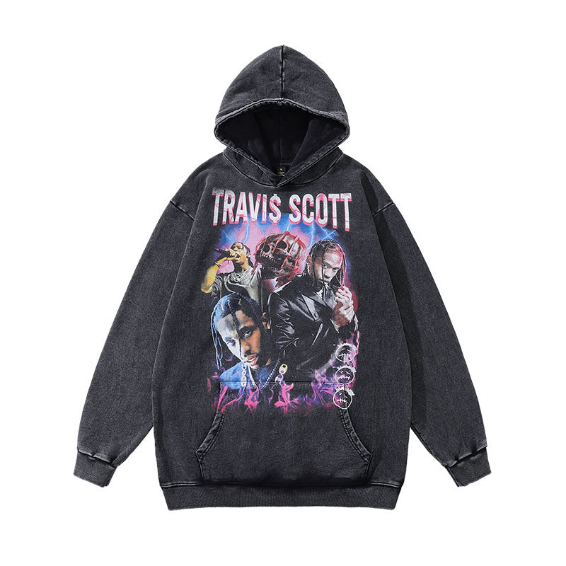Men Hoodie Rap Portrait Printing Distressed Hooded Sweater