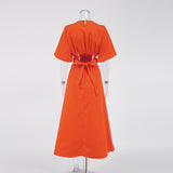 Women Dress Casual Hollow round Neck Puff Sleeve Dress