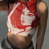 Women T-shirt Summer round Neck Pullover Sleeveless Portrait Top Vest