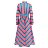 Women Date Dress Autumn and Winter Striped Printed Buttons Cinched Blouse Dress