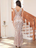 Women Evening Gown Sexy V-neck Vintage Party Sequins Dress