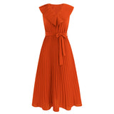 Women Date Dress Chiffon Pleated Dress Slim Fit Elegant Solid Color V-neck Dress