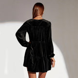 Women Dress Spring/Summer V-neck Loose Long Sleeve Velvet Mini Dress