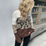 Women Knitted Sweater Autumn and Winter Leisure Women's Long Sleeve Leopard Print Contrast Color Sweater