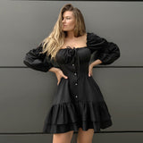 Women Dress Square Collar Puff Sleeve Dress