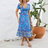 Women Date Dress Floral Dress Short Sleeve V-neck Bohemian A- line Skirt