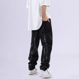 Men Jeans Washed Distressed Baggy Straight Trousers Tie-Dye Gradient Denim Trousers