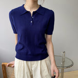 Women Knitted T-shirt Polo Short Sleeve Summer Lapels T-shirt