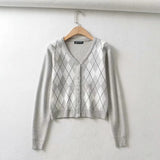 Women Sweater Knitwear Vintage Diamond Plaid Stitching V-neck Knitted Cardigan