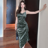 Women Maxi Dress Autumn Sexy Polka Dot Gold Velvet Long Sheath Dress