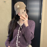 Women Knitwear Autumn and Winter V-neck Lace Trim Sweater Loose Knitted Cardigan