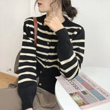 Women Knitwear Autumn round Neck Striped Sweater Vintage Loose Knitted Cardigan