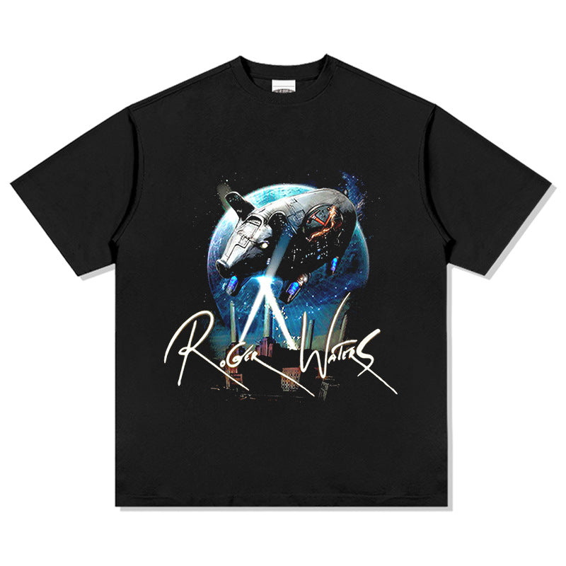 Mens Vintage Rock Band T-Shirt Vintage Pink Floyd Rock Band Old Print Short Sleeve T-Shirt Loose