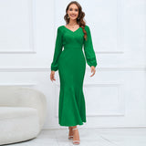 Women Date Dress V-neck Fishtail Skirt Elegant High Waist Evening Long Dress