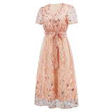 Women Date Dress Slim Fit Embroidered Leaves Sequin Gauze Dress Skirt