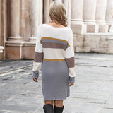 Women Knitted Sweater Autumn and Winter Leisure Women's Loose Long Sleeve V-neck Color-Block Long Sweater Dress