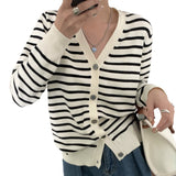 Women Knitwear Autumn and Winter V-neck Striped Sweaters Cardigan