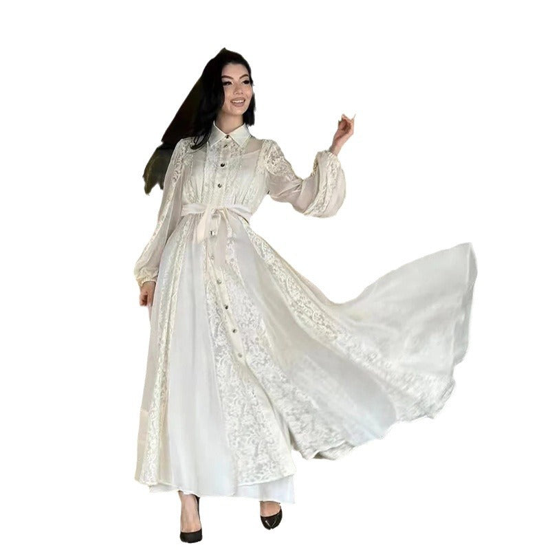 Women Dresses Vintage Spring Lapel Lace Embroidery Dress (Qymy0409)