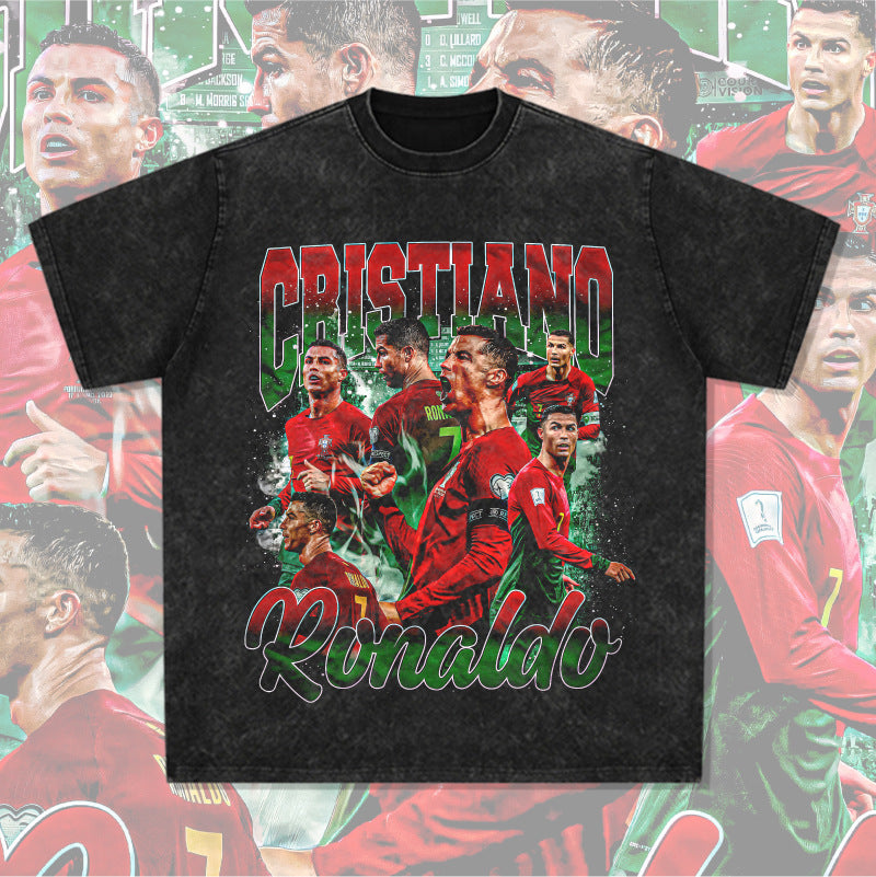 Men Vintage Football T-Shirt Retro C Luo Printed Short Sleeve Crew Neck Casual T-Shirt