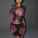 Women Co-Ord Set Sexy Mesh Suit Long Sleeve Top Short Skirt Suit