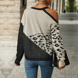 Women Knitted Sweater Fall Color-Blocking Long Sleeve Hollow out Sweater