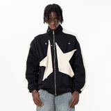 Men Jacket Coat Patch Five-Pointed Star Stand Collar Zipper Coat Color Matching Flight Jacket Loose