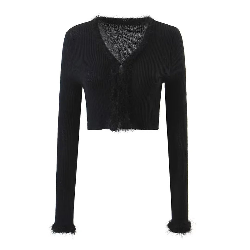Women Sweater Knit Wear Autumn Short Fur Collar Knitted Cardigan Single-Breasted Top