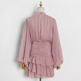 Women Dresses Chiffon Skirt Spring Stand Collar Pleated Loose Dress (Qymy0409)