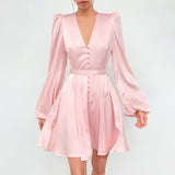 Women Dress Fall/Winter Pink V-neck Dress